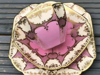 VERY RARE PINK GILDED SHELLEY QUEEN ANNE TEA CUP TRIO 1920s 8