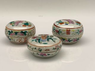 Set Of 3 Vintage Chinese Covered Porcelain Boxes Famille Rose With Figures