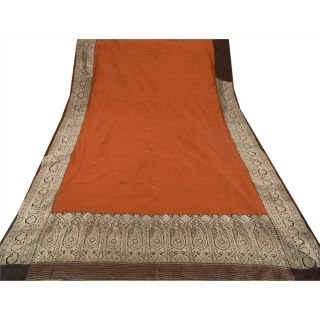 Sanskriti Vintage Orange Heavy Saree Art Silk Woven Banarasi Brocade Fabric Sari 4
