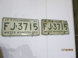 1962 Vintage License Plate Michigan Water Wonderland Pair Set