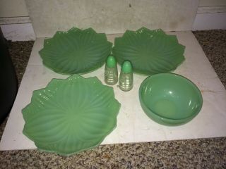 4 Vintage 40s/50s Fire - King Jadeite Items,  3 Lotus Plates,  Chili Cereal Bowl,  S & P