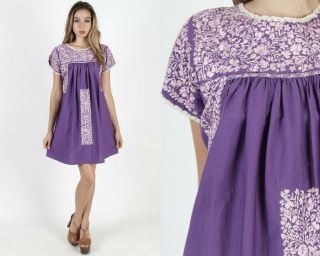 Vintage Purple Oaxacan Dress Mexican Floral Hand Embroidered Boho Fiesta Mini