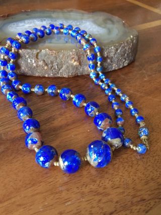 Stunning 1920s 1930s Art Deco Blue Foil Glass Flapper Beads Necklace