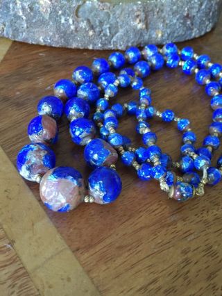 Stunning 1920s 1930s Art Deco Blue Foil Glass Flapper Beads Necklace 3