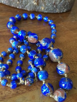 Stunning 1920s 1930s Art Deco Blue Foil Glass Flapper Beads Necklace 4