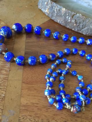 Stunning 1920s 1930s Art Deco Blue Foil Glass Flapper Beads Necklace 5