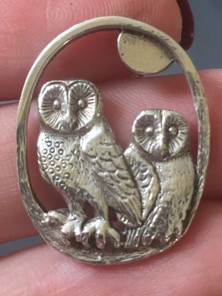 Vintage Stirling Silver Adorable Barn Owls Brooch