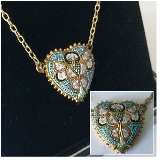 Vintage Art Deco Jewellery Micro Mosaic Filigree Floral Heart Pendant Necklace