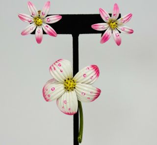 Vintage Corocraft Pink & White Enamel Flower Brooch & Earring Set 3