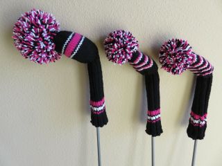 Hand Knit Golf Club Covers - Vintage Style With Pom Poms - Black - Pink - White