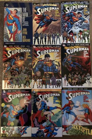 Superman: " Man Of Steel " Tpb Set By John Byrne Vol.  1 2 3 4 5 6 7 8 9 Rare &oop