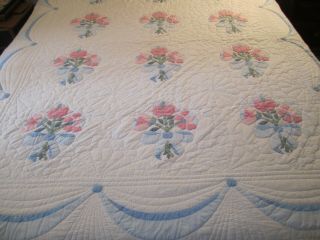 Vintage Handmade Quilt Pink Flowers And Blue Bows 79 " X 64 "