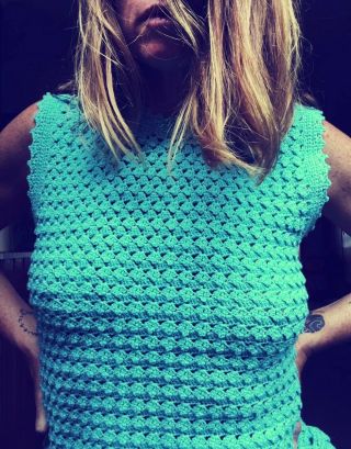 Vintage 60s Turquoise Crochet Sleeveless Jackie O Style Midi Dress Like
