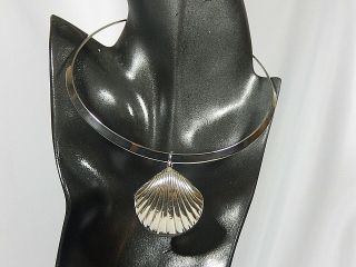 Vtg 925 Sterling Silver Large Scallop Sea Shell Pendant Sp Rigid Collar Necklace