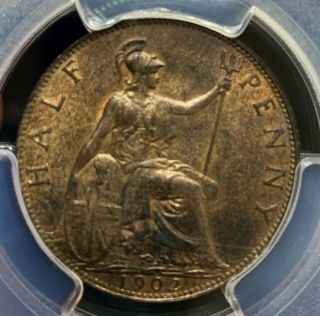 Great Britain Edward Vii 1902 Rare Low Tide Halfpenny Pcgs Ms64