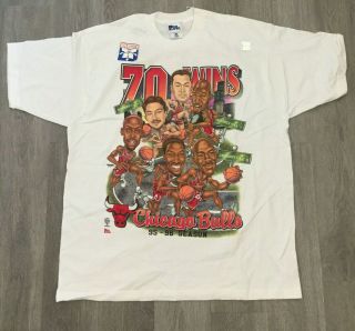 Vintage Chicago Bulls 70 Wins Pro Player Sz Large T - Shirt Caricature Nba Jordan