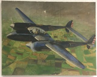 1945 P - 38 Fighter Airplane Aircraft Oil Painting Art Vintage Ww 2 Era