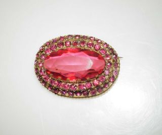 Antique Vintage Pink Faceted Cut Czech Glass Rhinestone Brooch Pin 1.  75 "