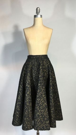 Vintage 1950s 50s Quilted Black With Gold Floral Ditsy Print Circle Skirt