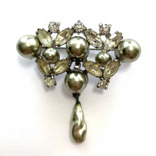 Vintage Christian Dior By Kramer Signed Brooch Faux Pearl And Rhinestone Pin