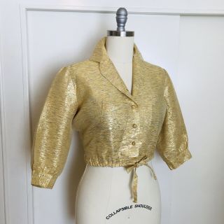 True Vtg 50s M L Gold Metallic Lame Lurex Blouse Crop Top Shirt 1950s Bad Girl