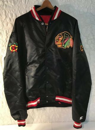 Vintage Chicago Blackhawks Starter Satin Nylon Black Jacket Nhl Size Xl Snap Up