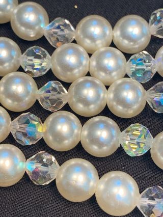 Vintage 1950’s White Double Strand Pearl Necklace Aurora Borealis Crystal 28”