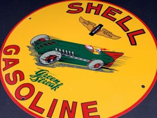 Vintage Shell Green Streak Gasoline W/ Car 11 3/4 " Porcelain Metal Gas Oil Sign