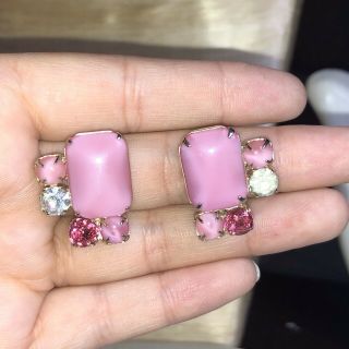 Vtg Large Pink Cab Earrings Rhinestone 40s High End Estate
