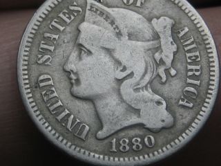 1880 Three 3 Cent Nickel - Rare Key Date - Vg/fine Details