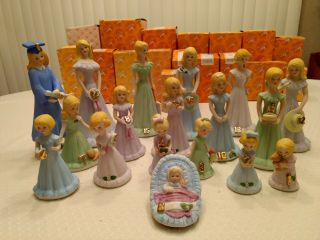 Enesco Growing - Up Birthday Girls Blond,  Set Of 18 Figurines Porcelain Vintage