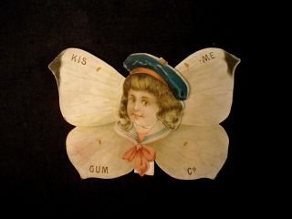 Vintage Kis - Me Gum Co.  Mechanical Advertisment Trade Card Boy In Butterfly Rare