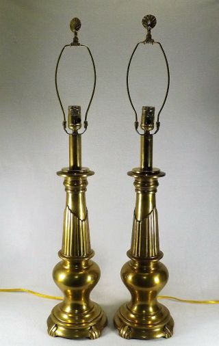 Vintage Pair Solid Brass Table Lamps W Shell Finials Contemp.  Living Room Lamps