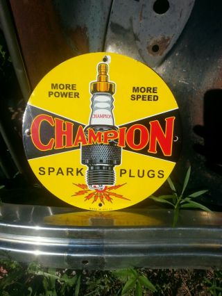 Vintage 1957 Champion Spark Plug Porcelain Sign Gas Pump Oil Battery Service