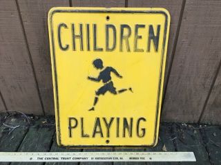 Vintage Children Playing Sign 24 X 18 Inch Old Heavy Embossed Metal