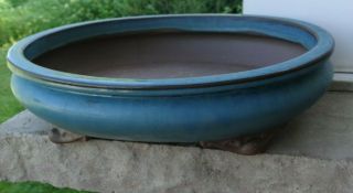 Vintage Estate 16” X 14 " Oval Blue Green Turquoise Glaze Bonsai Pot Planter