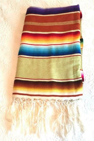 Vintage Mexican Striped Saltillo Throw/blanket W/ Braided String Fringe 48 X 84