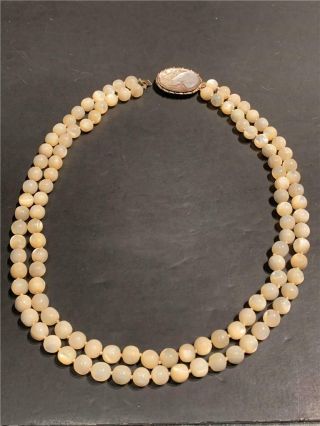 Vintage Heavy Mother Of Pearl Bead Necklace With Carved Shell Cameo Clasp