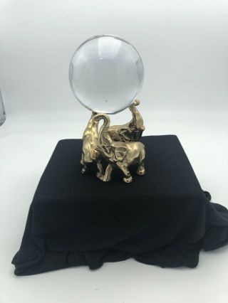 Vintage Solid Brass Elephants Holding A Glass Sphere