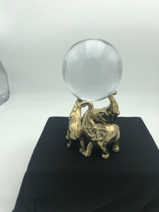 Vintage Solid Brass Elephants Holding A Glass Sphere 2