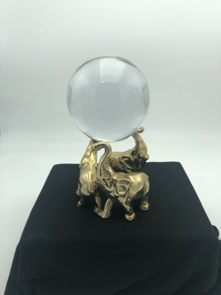 Vintage Solid Brass Elephants Holding A Glass Sphere 3
