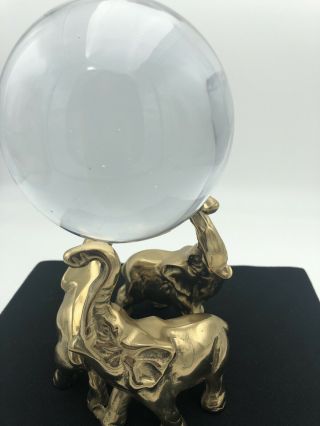Vintage Solid Brass Elephants Holding A Glass Sphere 4
