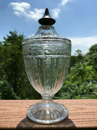 Antique Floral Cut Crystal Lidded Candy Dish With Sterling Silver Mounts 9 " Tall