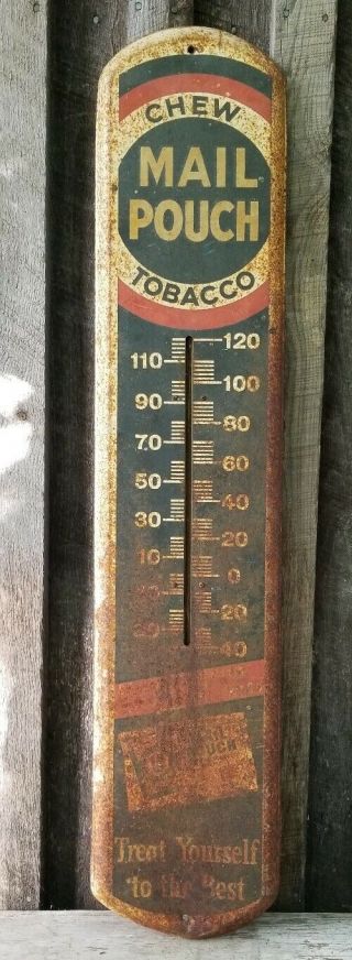 Vintage Metal Mail Pouch Chewing Tobacco Thermometer Sign 1940s