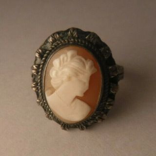 Antique Vintage 925 Sterling Silver Carved Shell Cameo Ring Figural Size 7