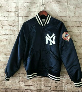 Vintage Starter York Yankees Navy & White Satin Bomber Jacket,  Sz Large