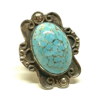 Vintage Sterling Silver Large Turquoise Cabochon Stone Ring Adjustable