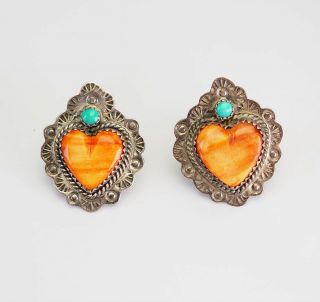 Vintage South Western Sterling Silver Spiny Oyster Heart Post Earrings