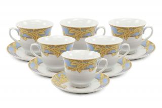 Royalty Porcelain 12 - Pc Tea Set `blue Acanthus`,  Service For 6,  Vintage Pattern