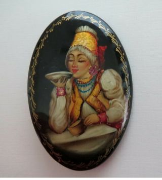 Extraordinary Hand Painted Antique Russian Enamel Lacquer Cameo Brooch - Signed